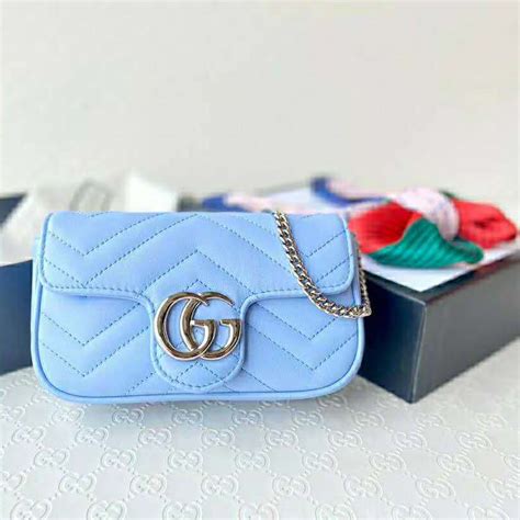 Gucci Gg Women Gg Marmont Super Mini Bag Blue Matelassé Chevron Lulux