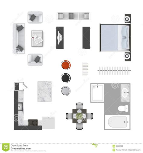 Sofa, armchair and coffee table, round table with chairs, large square table with chairs, carpet, tv and bookshelves for your designs. Furniture top view stock illustration. Illustration of ...