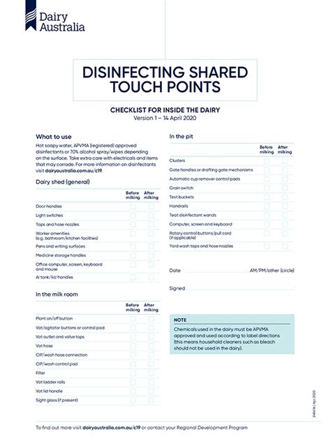 Covid 19 Checklist For Disinfecting The Dairy Dairy Australia