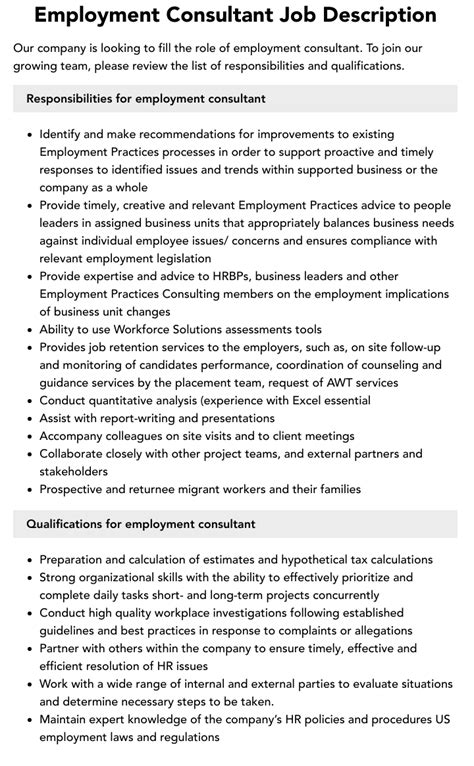 employment consultant job description velvet jobs