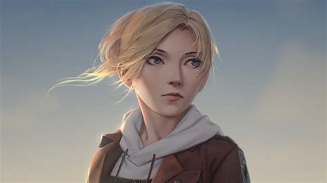 Attack On Titan Annie Leonhart With Brown Coat With Background Of Blue And Cloudy Sky Hd Anime