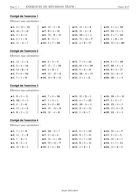 Calcul Mental Corrigé Série Dexercices 1 Alloschool