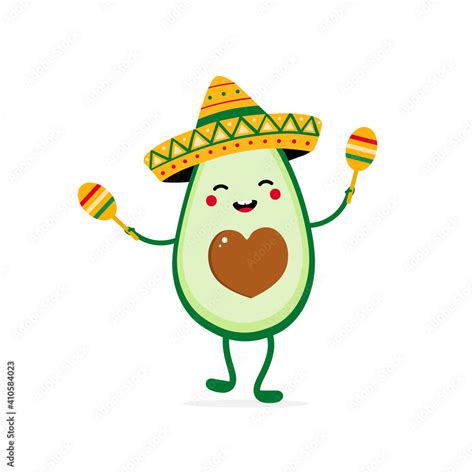 Cute Happy Cartoon Style Avocado Character Wearing Sombrero And Dancing