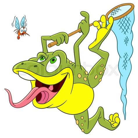 Cute Happy And Hungry Cartoon Frog Is Trying To Catch A Scared Mosquito
