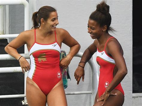Pamela Ware Left And Jennifer Abel Of Canada Share A Laugh Before