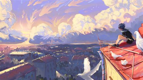 Wallpaper Sky Cityscape Buildings Clouds Painting Birds Anime