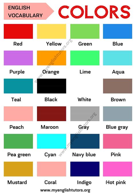 If your dog looks like she has a unibrow, frida (khalo) would be a funny dog name. Color Names: List of Colors in English with ESL Picture ...