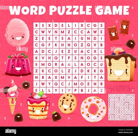 Cartoon Sweets Ice Cream And Dessert Characters Word Search Puzzle