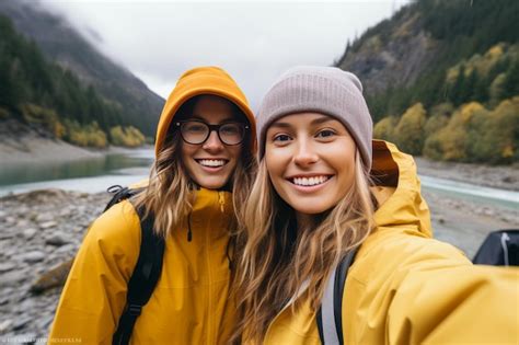 Premium AI Image Two Female Friends Taking Selfies By A River During