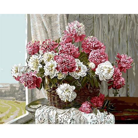 Frameless Picture Painting By Numbers Peony Flower Basket Diy Oil