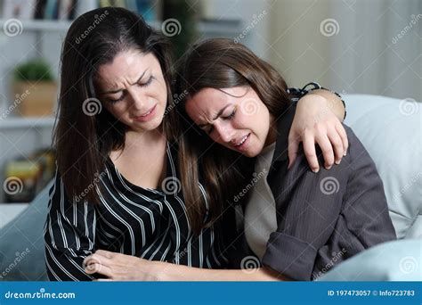 Two Sad Friends Or Sisters Crying Together At Home Stock Image Image