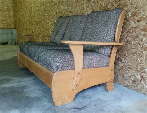 Vintage 1950s Early American Revival Mid Century Wood Danish Maple Sofa
