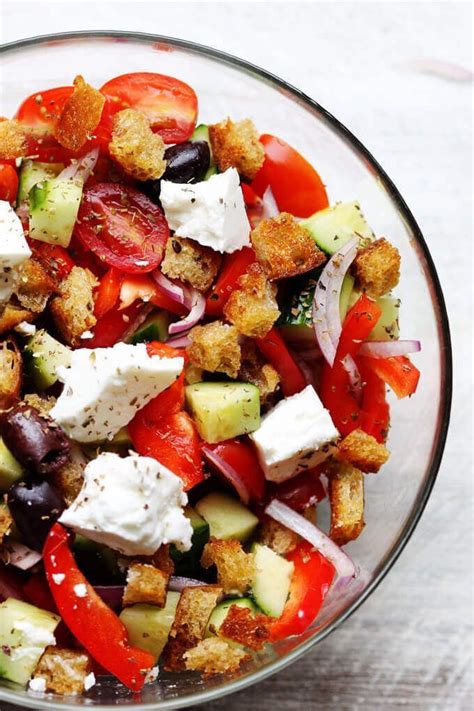 Greek Panzanella Salad Combines Traditional Greek Salad Flavors Like
