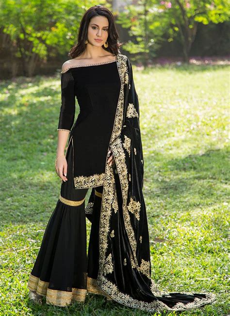 Black Velvet Sharara Suit With Embroidered Shawl Dupatta Indian