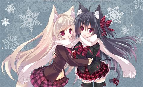 2girls Animal Ears Black Hair Blonde Hair Catgirl Fang