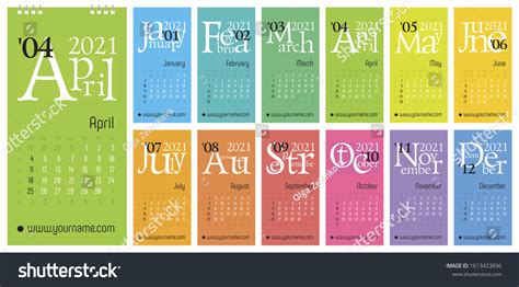 Classic Gregorian Calendar 2021 Year Colored Stock Vector Royalty Free
