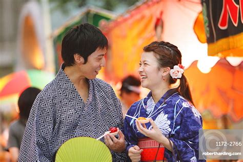 Young Japanese Couple Wearing Yukata Stock Photo