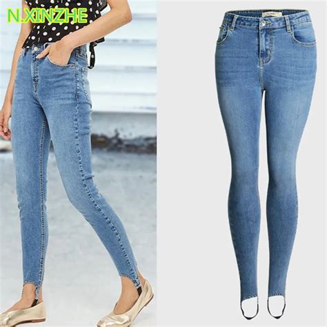 2018 Women Clothing Mid Waist Tight Elastic Washed Bleached Denim Pencil Pants Female Casual