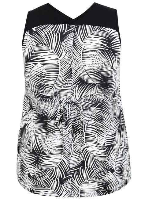 Black And White Palm Print Sleeveless Top With Ring Detail Plus Size 16 To 32