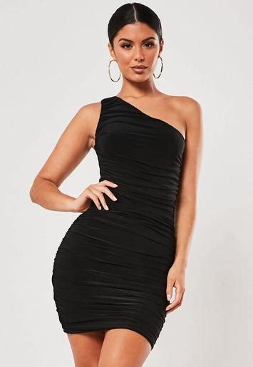 Black Slinky One Shoulder Ruched Bodycon Mini Dress Missguided