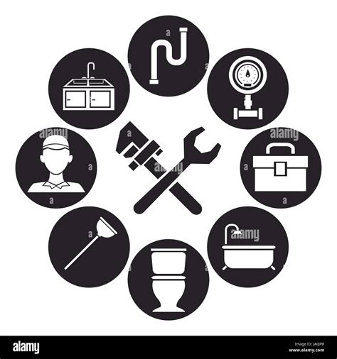 Black Silhouette Set Icons Plumbing With Wrench Tools Cross Stock