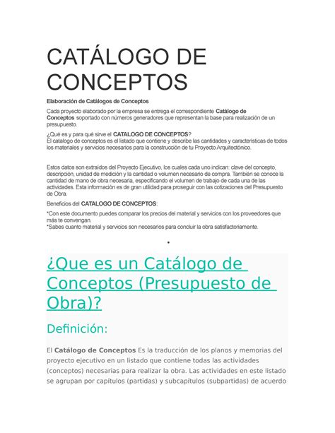 Catálogo De Conceptos CatÁlogo De Conceptos Elaboración De Catálogos