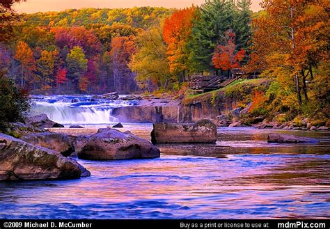 Distant Ohiopyle Falls With Fall Foliage At Sunset Picture