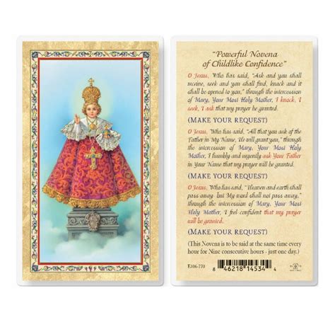 Infant Of Prague Novena Prayer Gold Stamped Laminated Holy Card 25