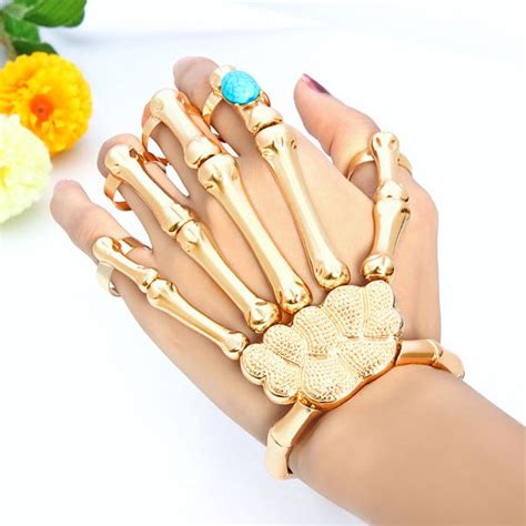 Halloween Gold Punk Skeleton Skull Hand Bone Turquoise Ring Bracelet
