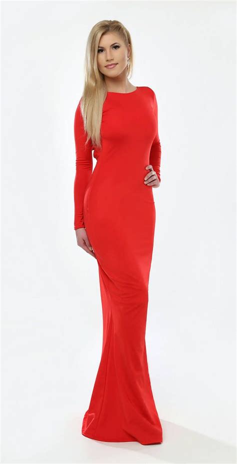 Red Maxi Bodycon Dress Round Neckline Backless Long Sleeves Long Sleeve