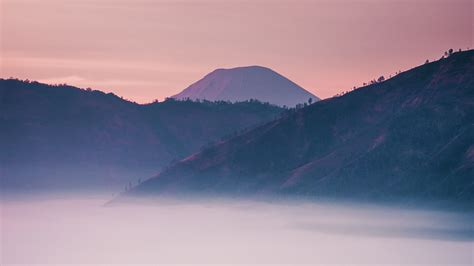 Download Wallpaper 2560x1440 Volcano Mountain Fog Dusk Landscape