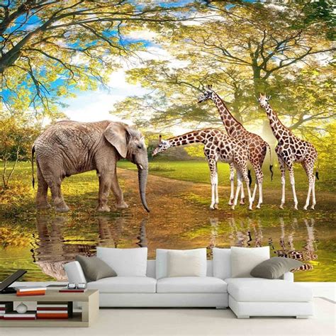 3d Room Wall Papers Landscape Animal World Giraffe Elephant Natural