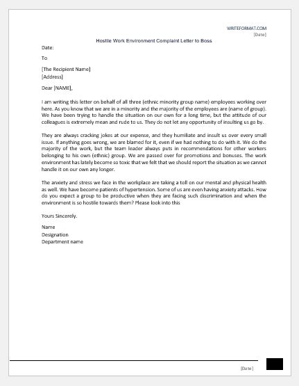Hostile Work Environment Complaint Letter To Boss Copy