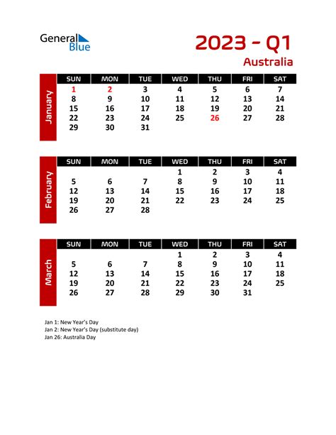 Q1 2023 Quarterly Calendar With Australia Holidays