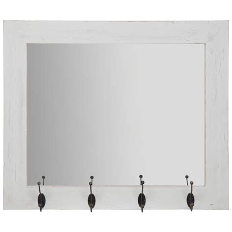 Pinnacle Rustic Entryway Hooks Rectangular White Decorative Mirror