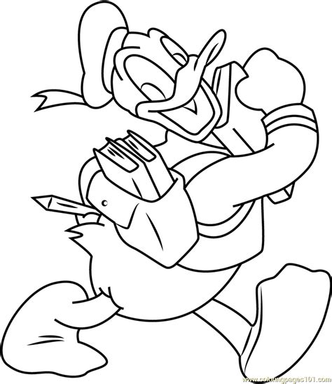 He usually wears a sailor shirt, cap, and a red or black bowtie, but no trousers, though he wears trunks when he. Donald Duck Going to School Coloring Page - Free Donald ...