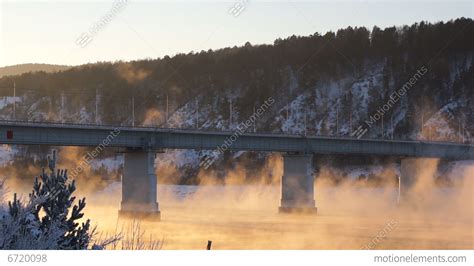 River Yenisei Bridge Winter Mist Stock Video Footage 6720098