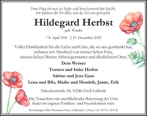Traueranzeigen Von Hildegard Herbst Trauer Anzeigende