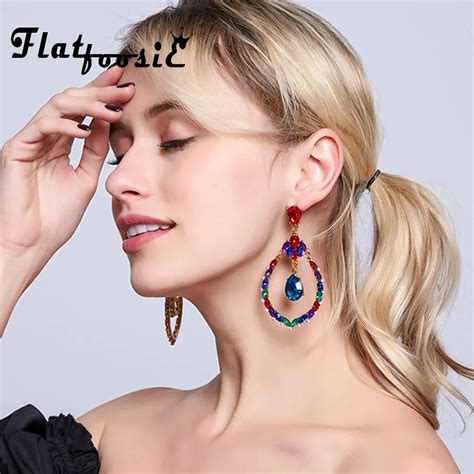 Flatfoosie Fashion Crystal Big Dangle Earrings For Women Multicolor