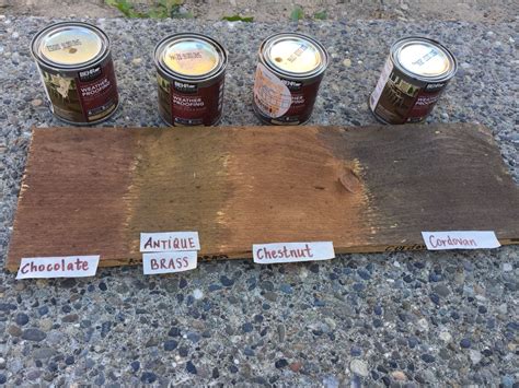 Different concrete composition, texture, surface imperfections and application technique will affect the finished appearance. Behr wood stain fence chocolate, Cordova brown, Chestnut ...