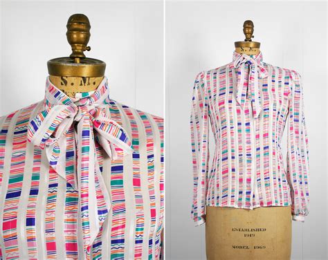 vintage 1970 s rainbow striped secretary bow blouse size s hoof and antler