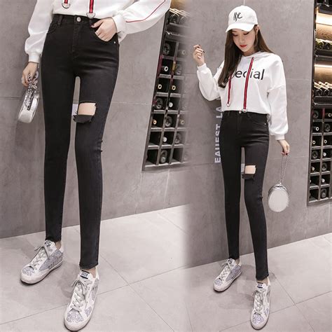 S Xl 2018 Autumn And Winter Korean High Waist Ripped Jeans For Womens Black Skinny Jeans