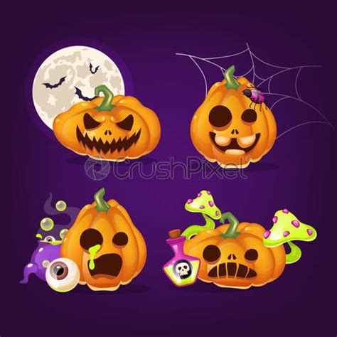 Spooky Halloween Pumpkins Cartoon Vector Illustrations Set Creepy