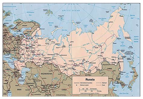 Large political map of Russia with roads, railroads and major cities ...