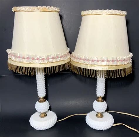 Vtg Pair White Milk Glass Hobnail Candlestick Boudoir Nightstand Lamps W Shades Picclick