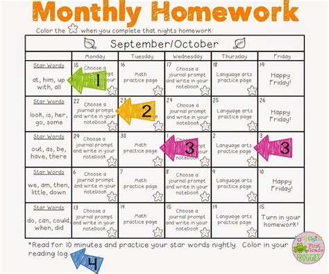Building skills & learning at home: Monthly Homework For Pre-K Students | Calendar Template Printable