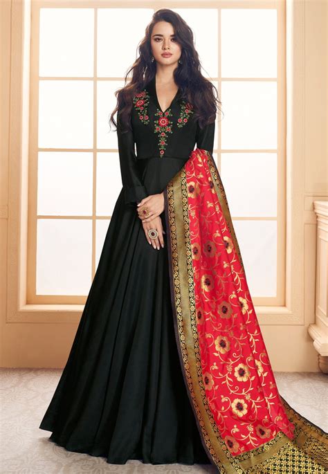 Buy Black Satin Floor Length Anarkali Suit 157042 Online At Lowest