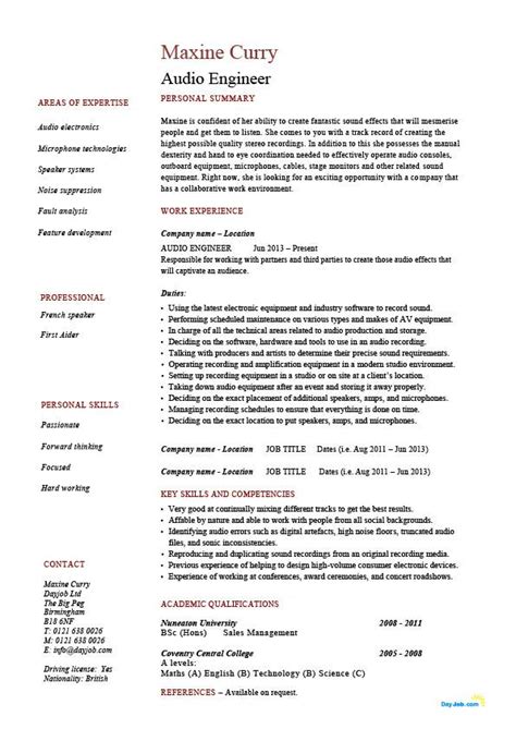 The sample engineering technician resume will help you to build your own resume for applying to the job of engineering technician. Audio engineer resume, sound, sample, template, equipment ...