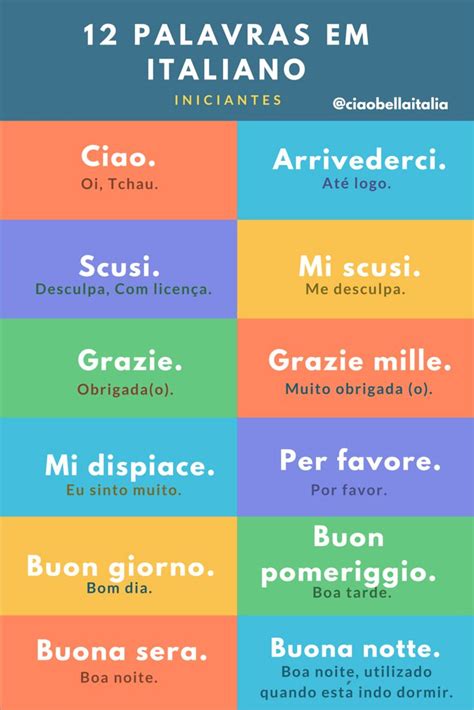 12 Palavras Em Italiano Iniciante Infográfico Pequeno Dicionário De