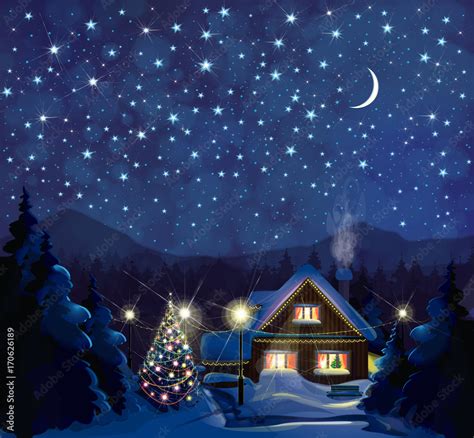 Vector Night Winter Landscape With House Christmas Tree And Starry Sky